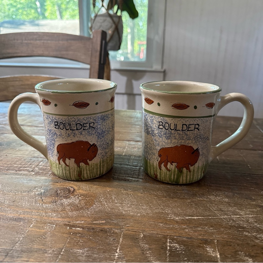 Boulder Ceramic Buffalo Mugs - Cream and Brown (Set of 2)